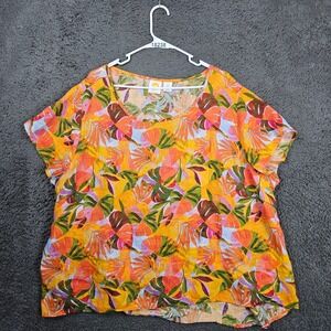 C&C California 3X Floral Linen Top Orange Pink Green Tropical Blouse‎